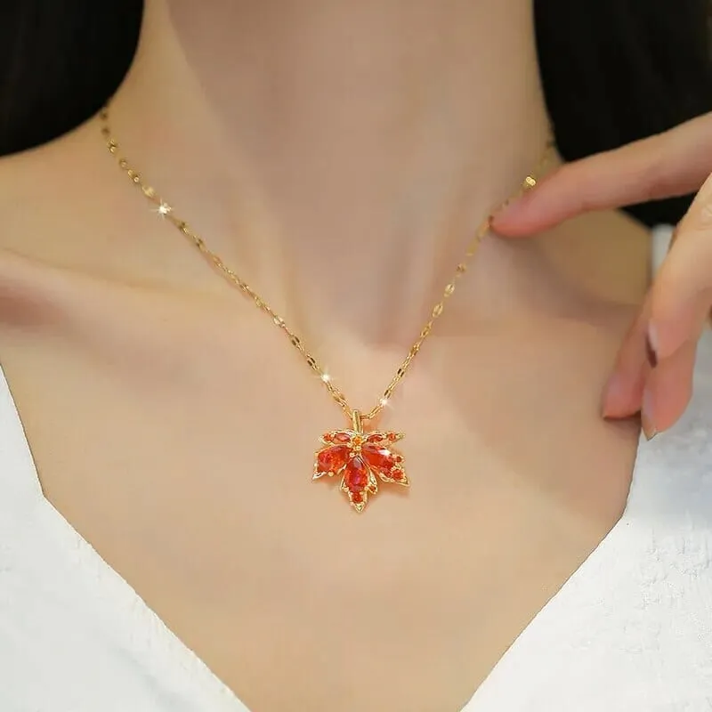 Red Maple Leaf Crystal Pendant Necklace