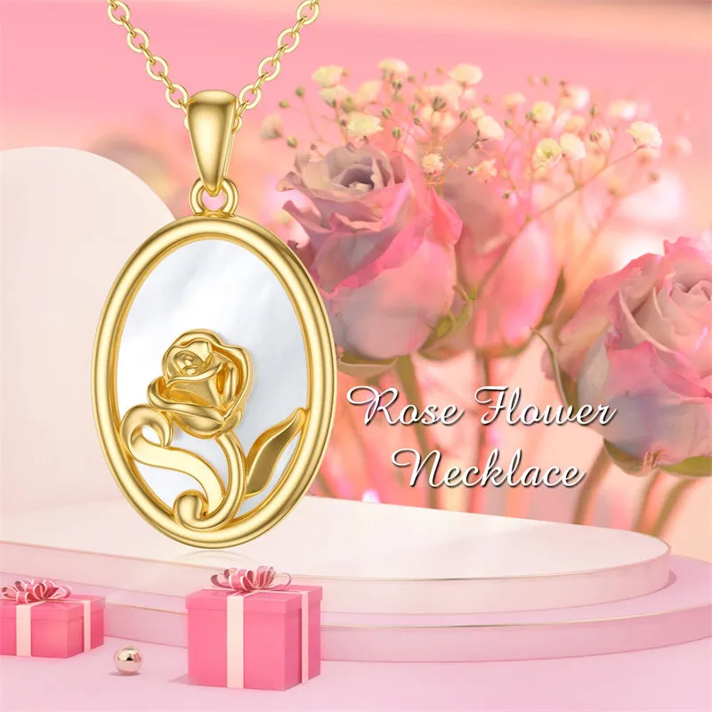 Rose Flower Pendant Necklace 14K Real Gold Flower Necklace for Women Valentine's Day Anniversary Birthday Mother's Day Fine Jewelry Gift