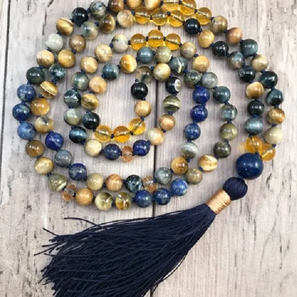 SALE - Honey Mustard, Blue Tiger Eye, Lapis Lazuli in 108 Mala Necklace