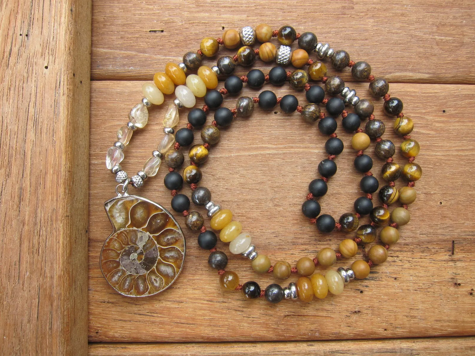 SALE - Stunning Ammonite Fossil, Bronzite, Black Onyx, Tigers Eye Mala Necklace