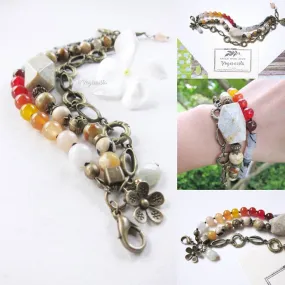 SALE - Vintage Bohemian 3 Tier Stone Bracelet w/ Floral Charms - Ltd Edition