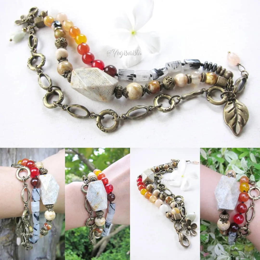 SALE - Vintage Bohemian 3 Tier Stone Bracelet w/ Floral Charms - Ltd Edition