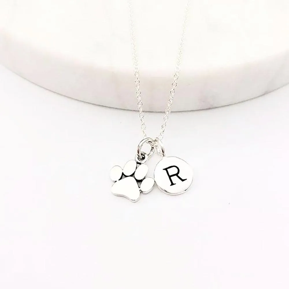 Silver Paw & Initial Charm Necklace