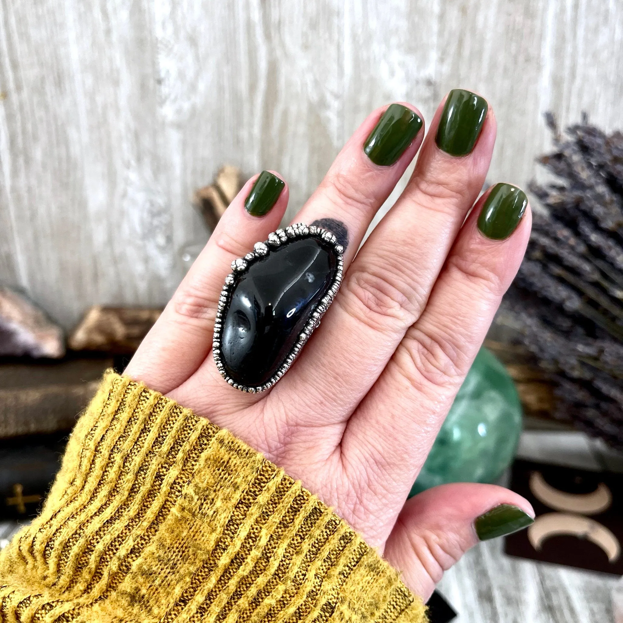 Size 7.5 Natural Black Agate Ring in Fine Silver/ Foxlark Collection - One of a Kind