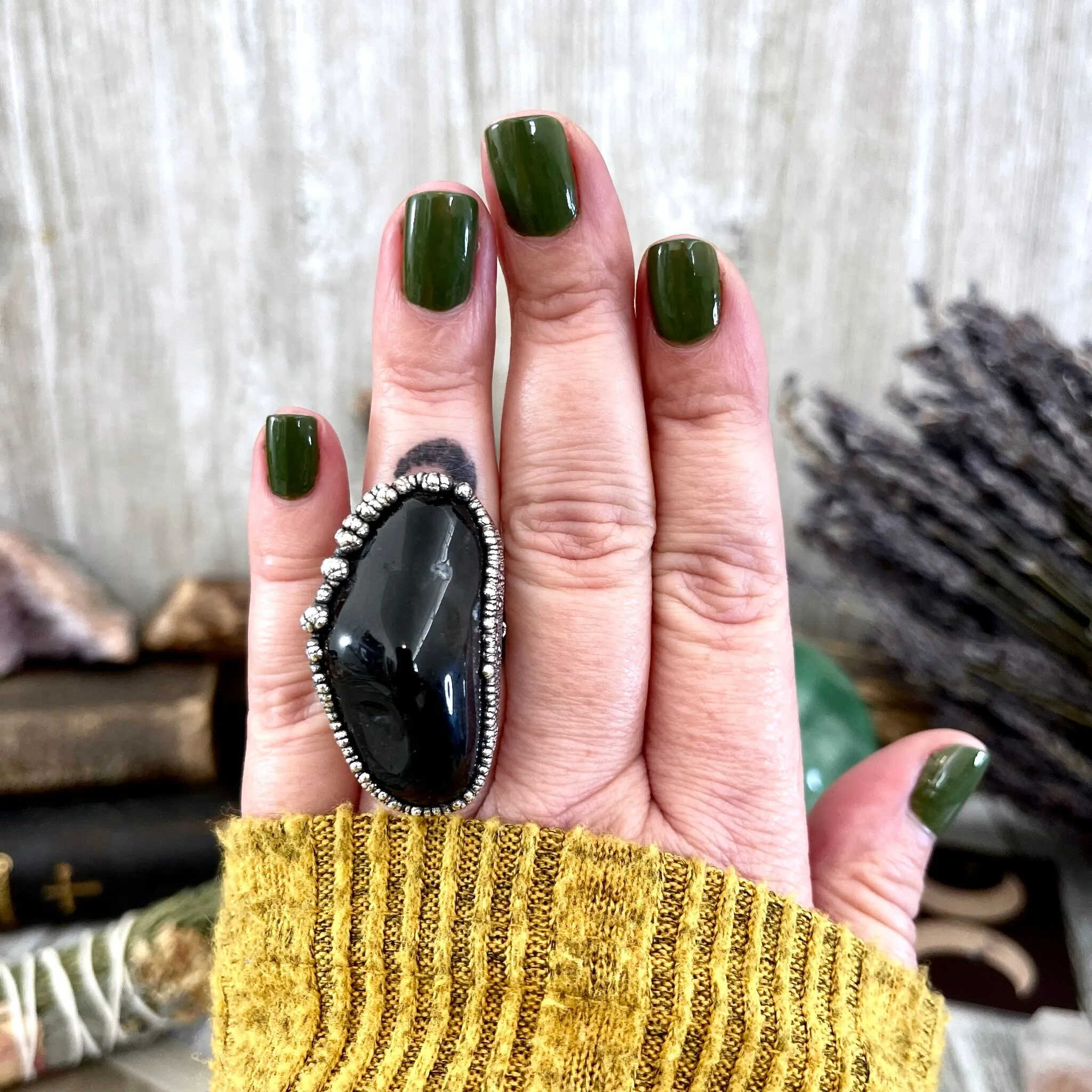 Size 7.5 Natural Black Agate Ring in Fine Silver/ Foxlark Collection - One of a Kind