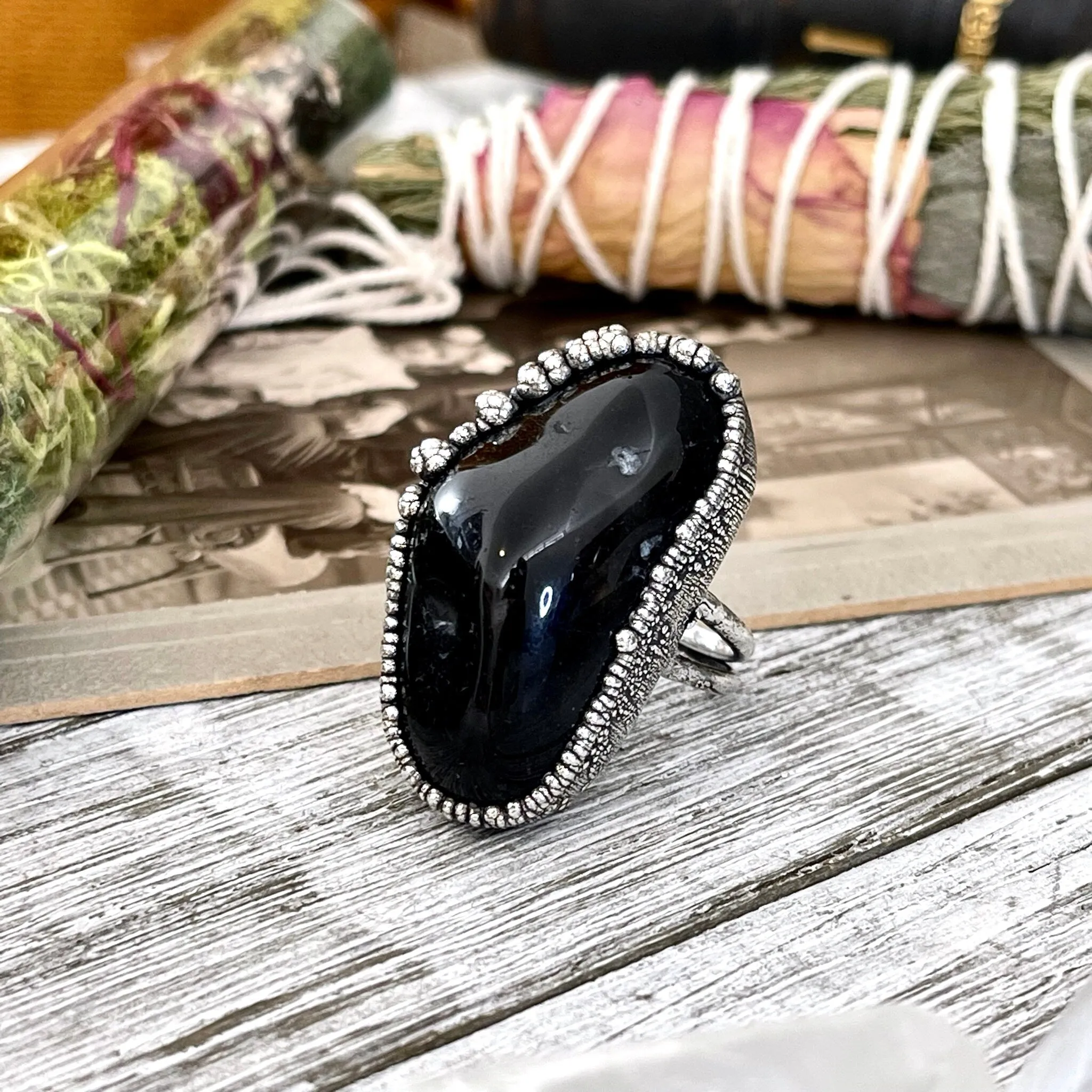 Size 7.5 Natural Black Agate Ring in Fine Silver/ Foxlark Collection - One of a Kind