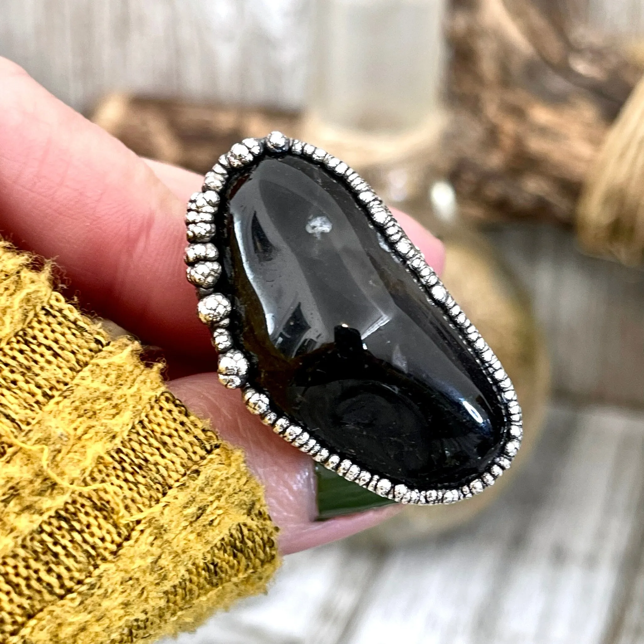 Size 7.5 Natural Black Agate Ring in Fine Silver/ Foxlark Collection - One of a Kind