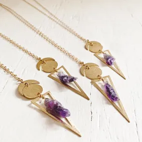 skygazer and night skygazer //  crescent moon, full moon, citrine or amethyst crystal and long triangle pendant necklace