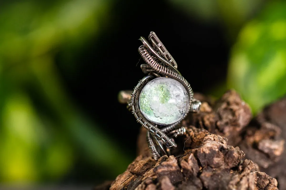 Sparkill Sterling Silver Wire Wrapped Dichroic Glass Ring with Cremation Ash