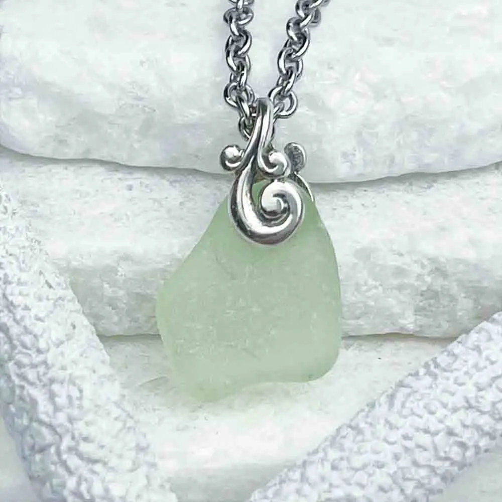 Splash of Seafoam Sea Glass Pendant with Sterling Silver Ocean Waves Bail  | #1727