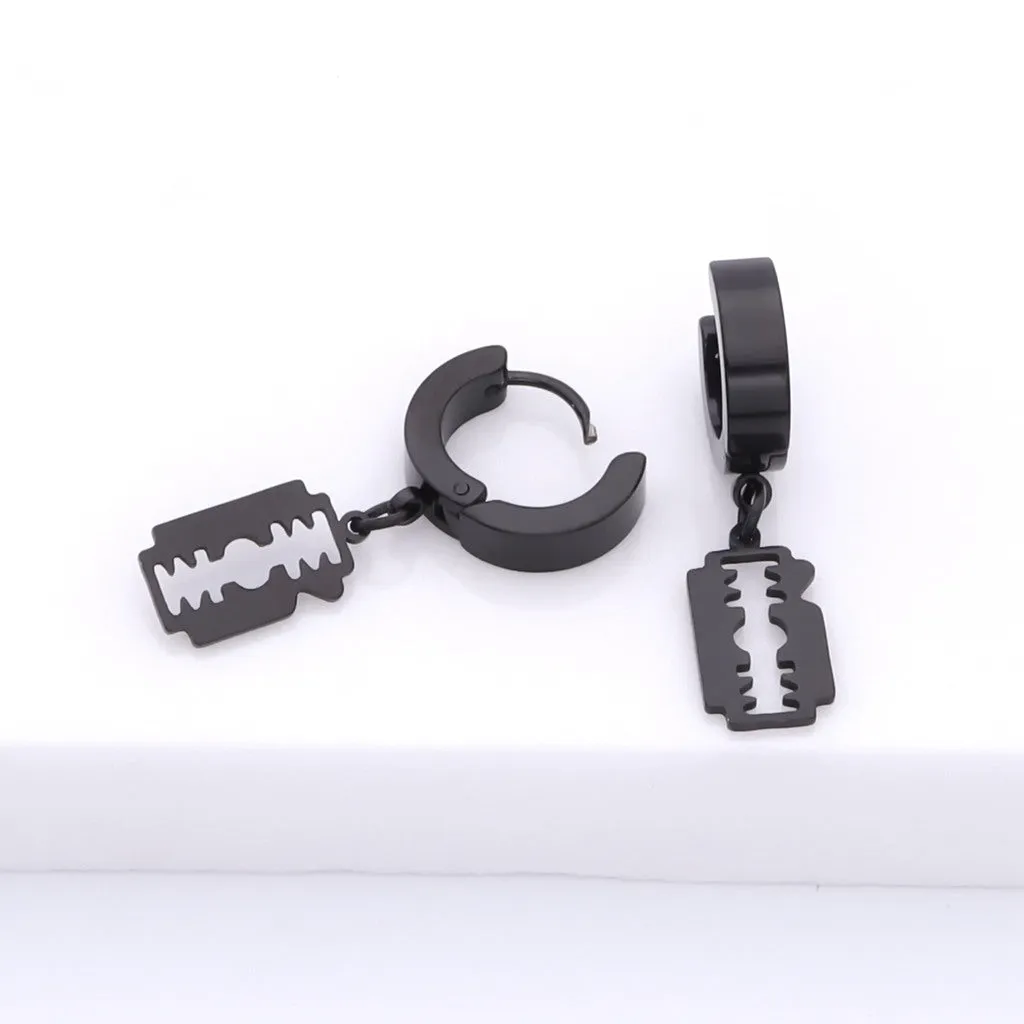 Stainless Steel Huggie Hoop Earrings with Razor Blade Charm - Black