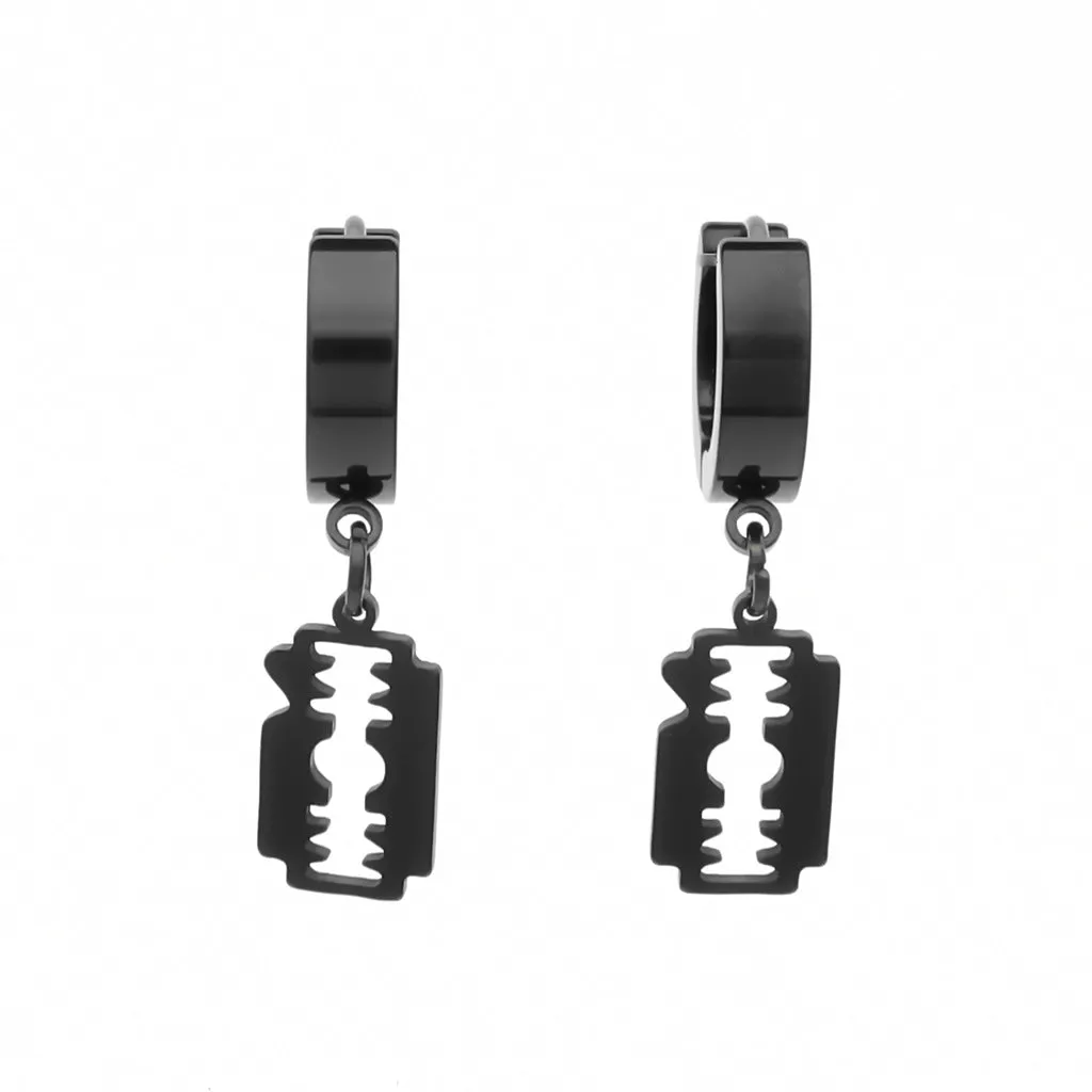 Stainless Steel Huggie Hoop Earrings with Razor Blade Charm - Black