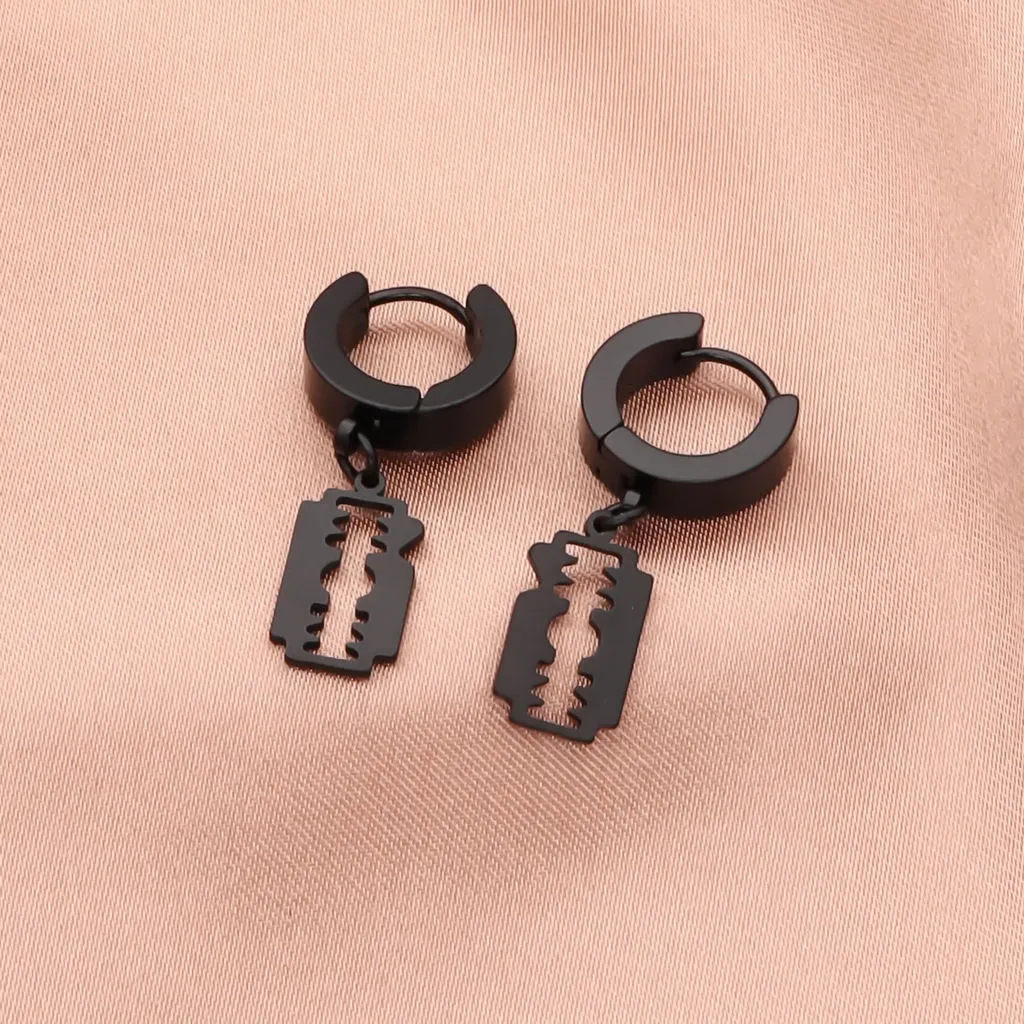 Stainless Steel Huggie Hoop Earrings with Razor Blade Charm - Black