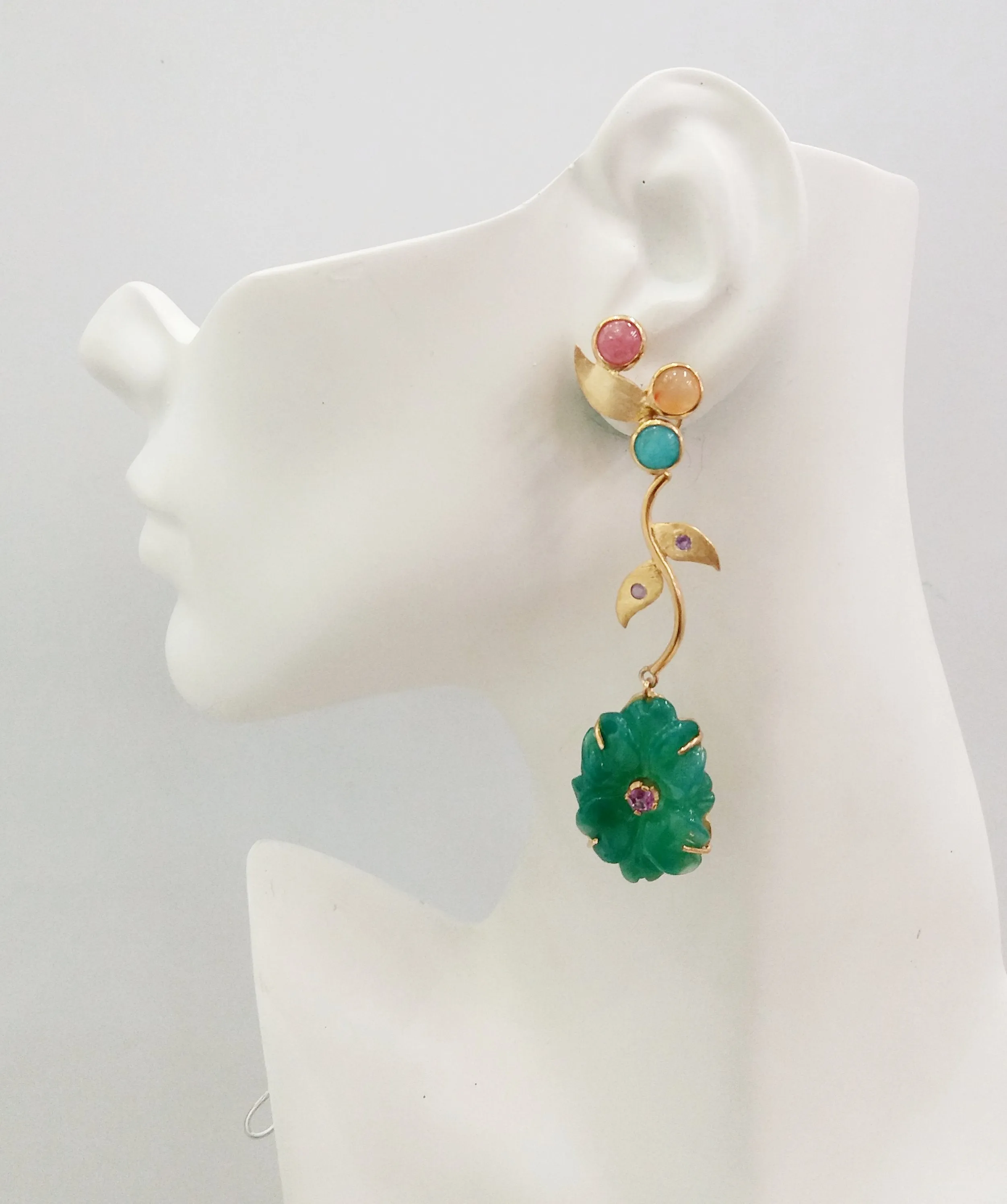 Sunstone, Carnelian & Amazonite Leaf studs with Amethysts & carved green Jade flower Twinset Earrings