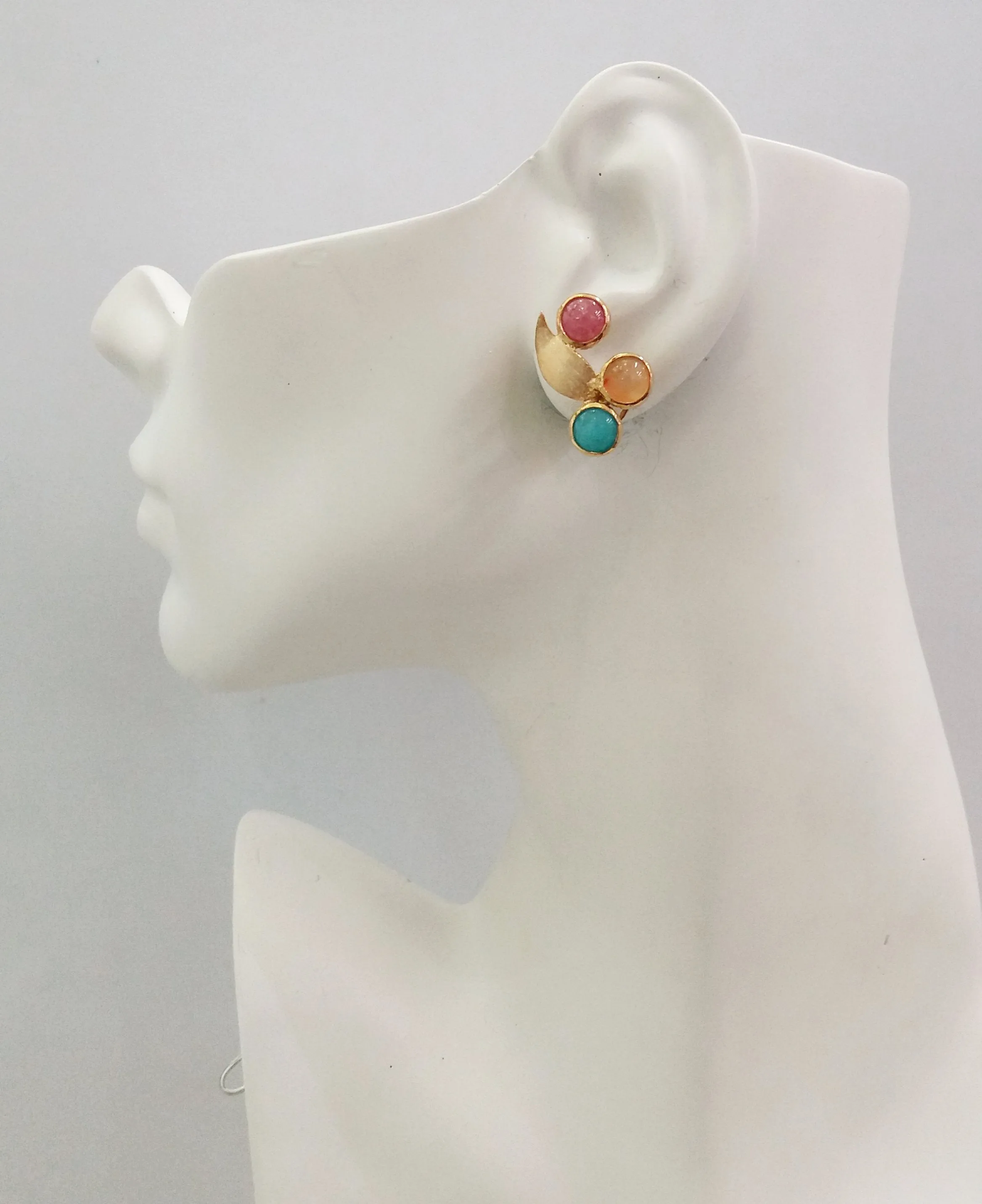 Sunstone, Carnelian & Amazonite Leaf studs with Amethysts & carved green Jade flower Twinset Earrings