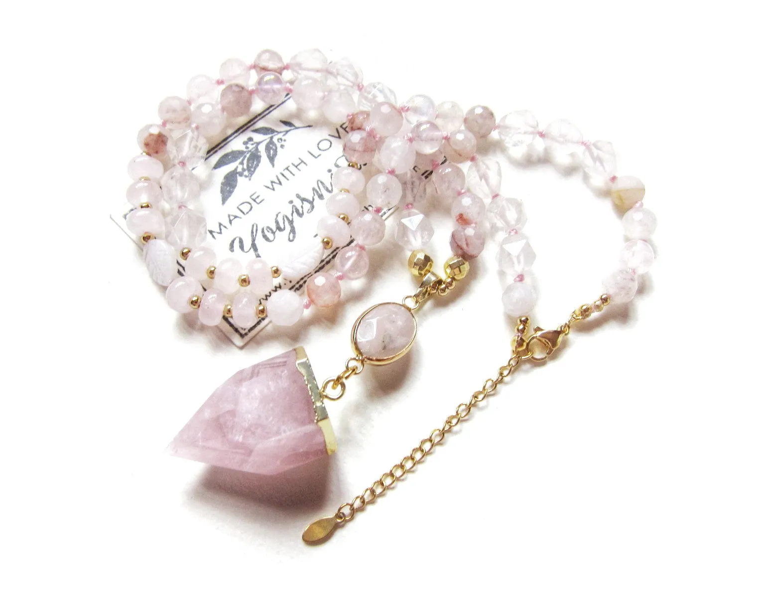 The Pink Goddess Mala Necklace in Rose Quartz Pendant