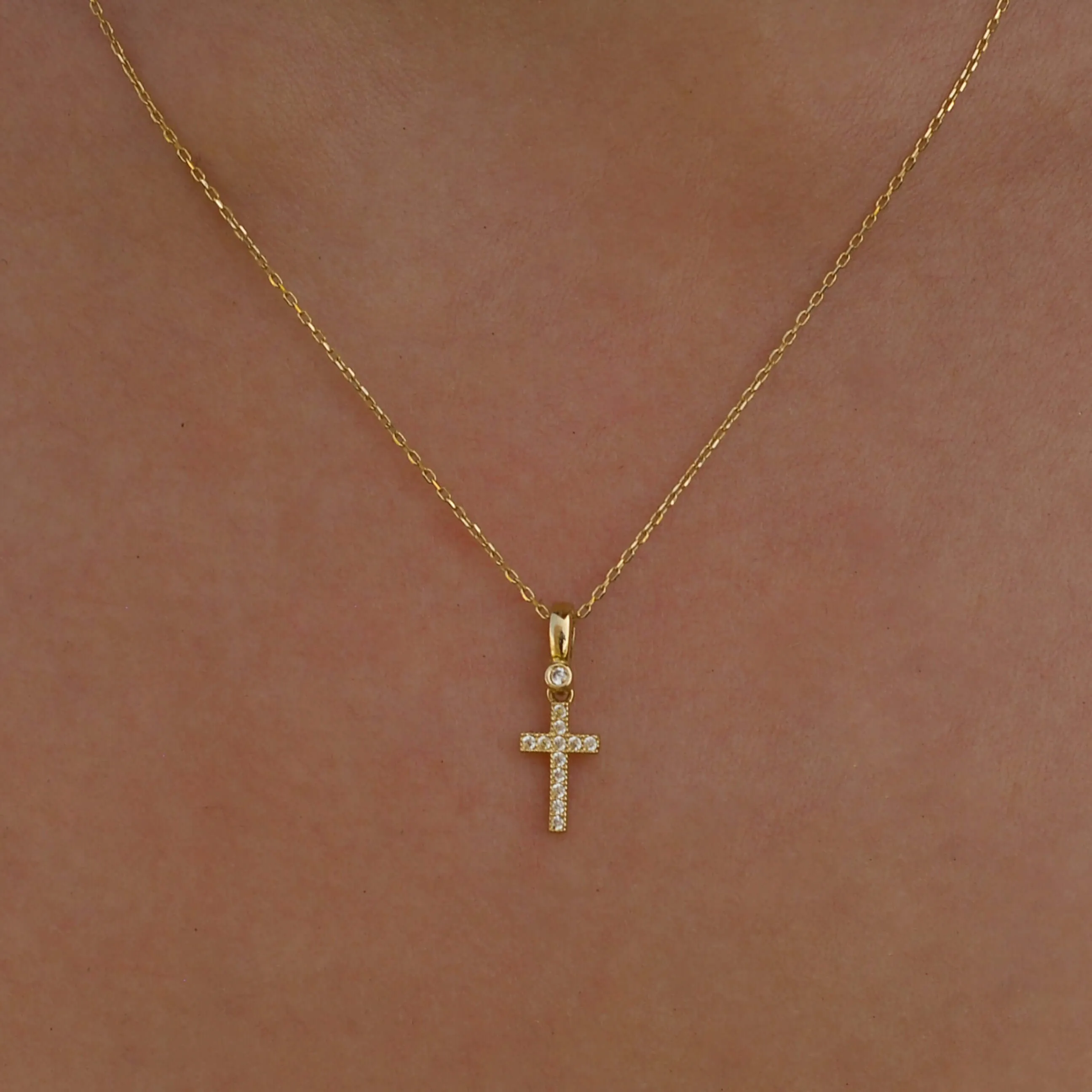 Tiny Cross Necklace | 14K Solid Gold