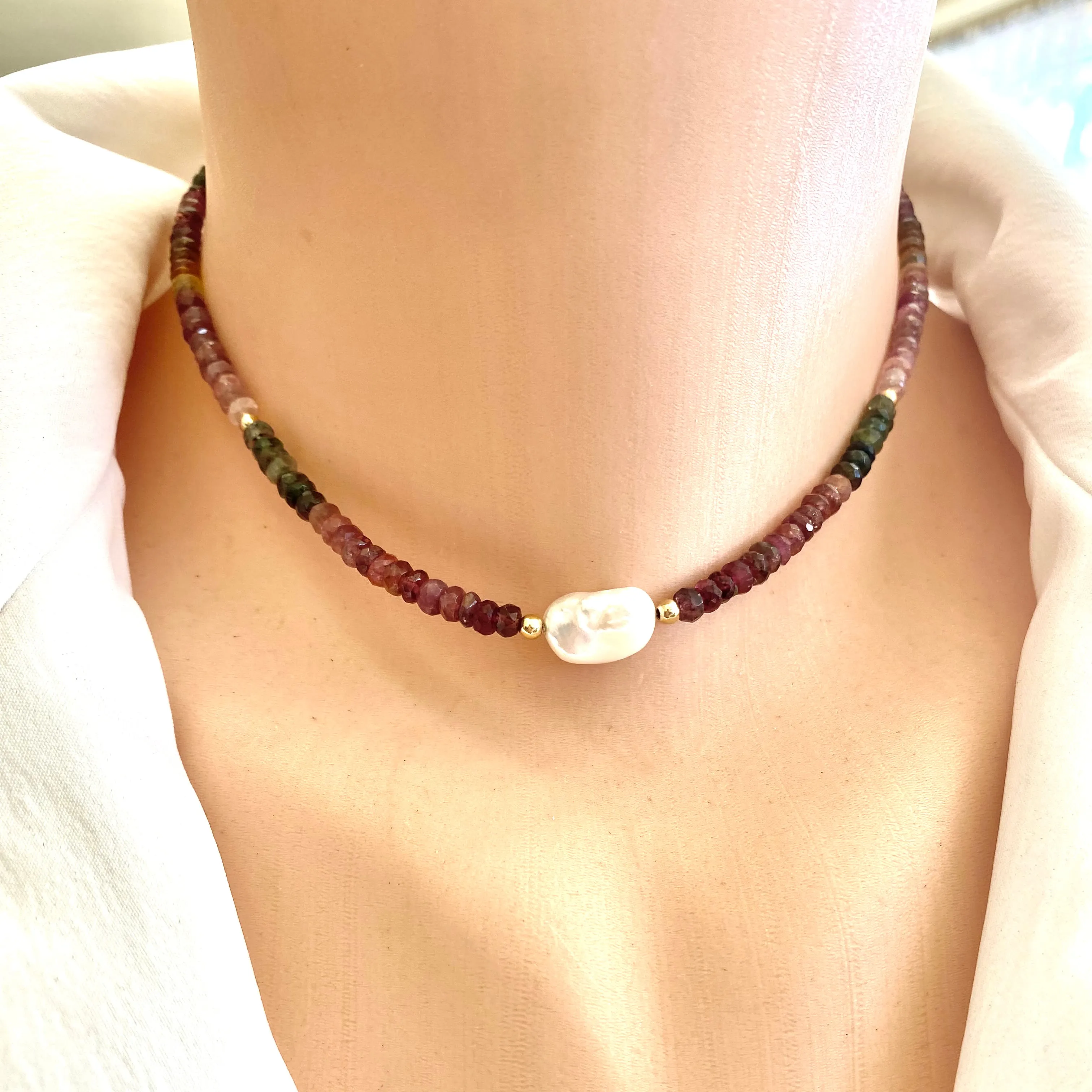 Tourmaline Collar Necklace w Freshwater Pearl, Gold Filled Details, 13in