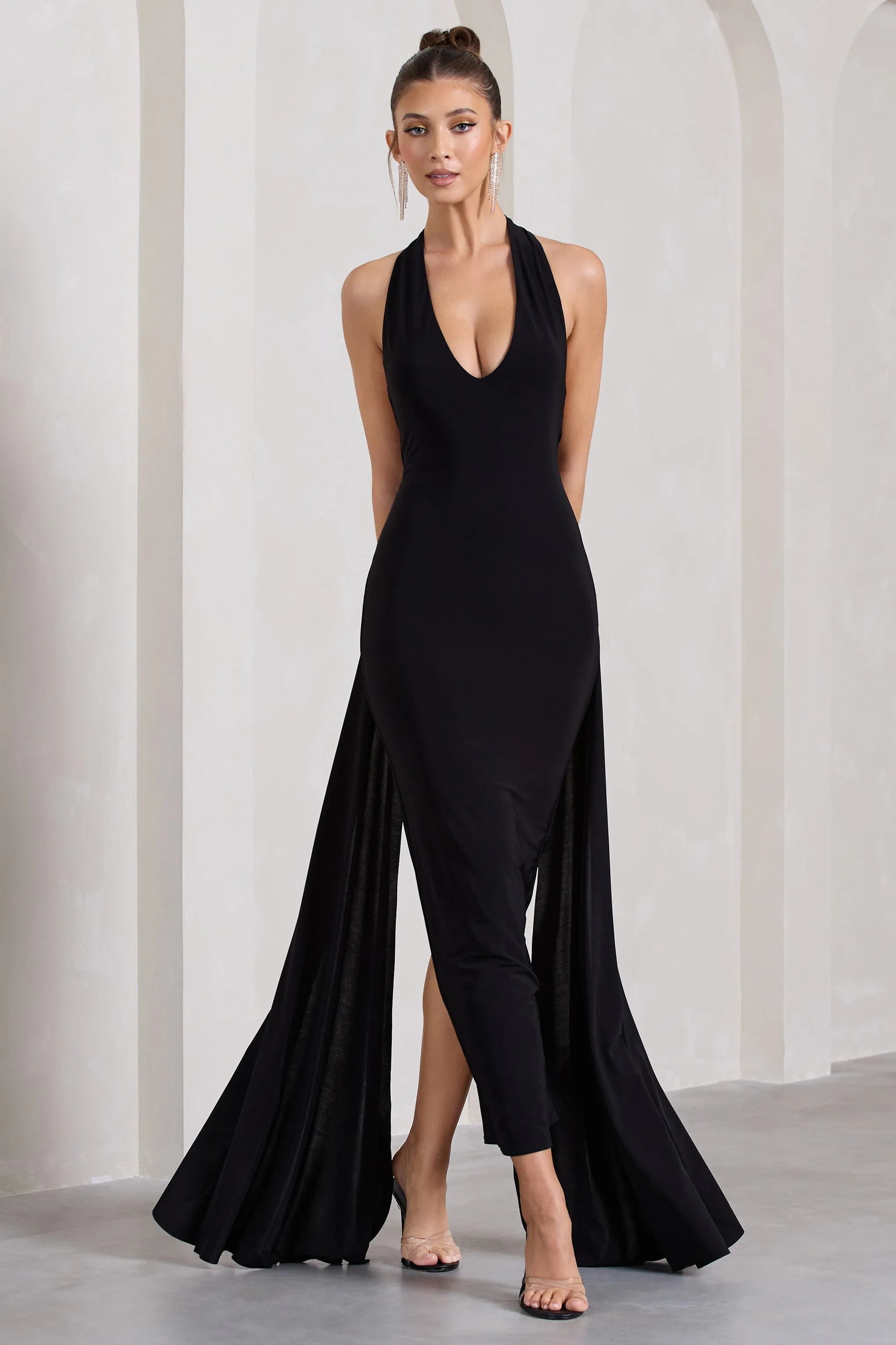 Veronica | Black Plunge Sleeveless Open-Back Maxi Dress With Drape Detail