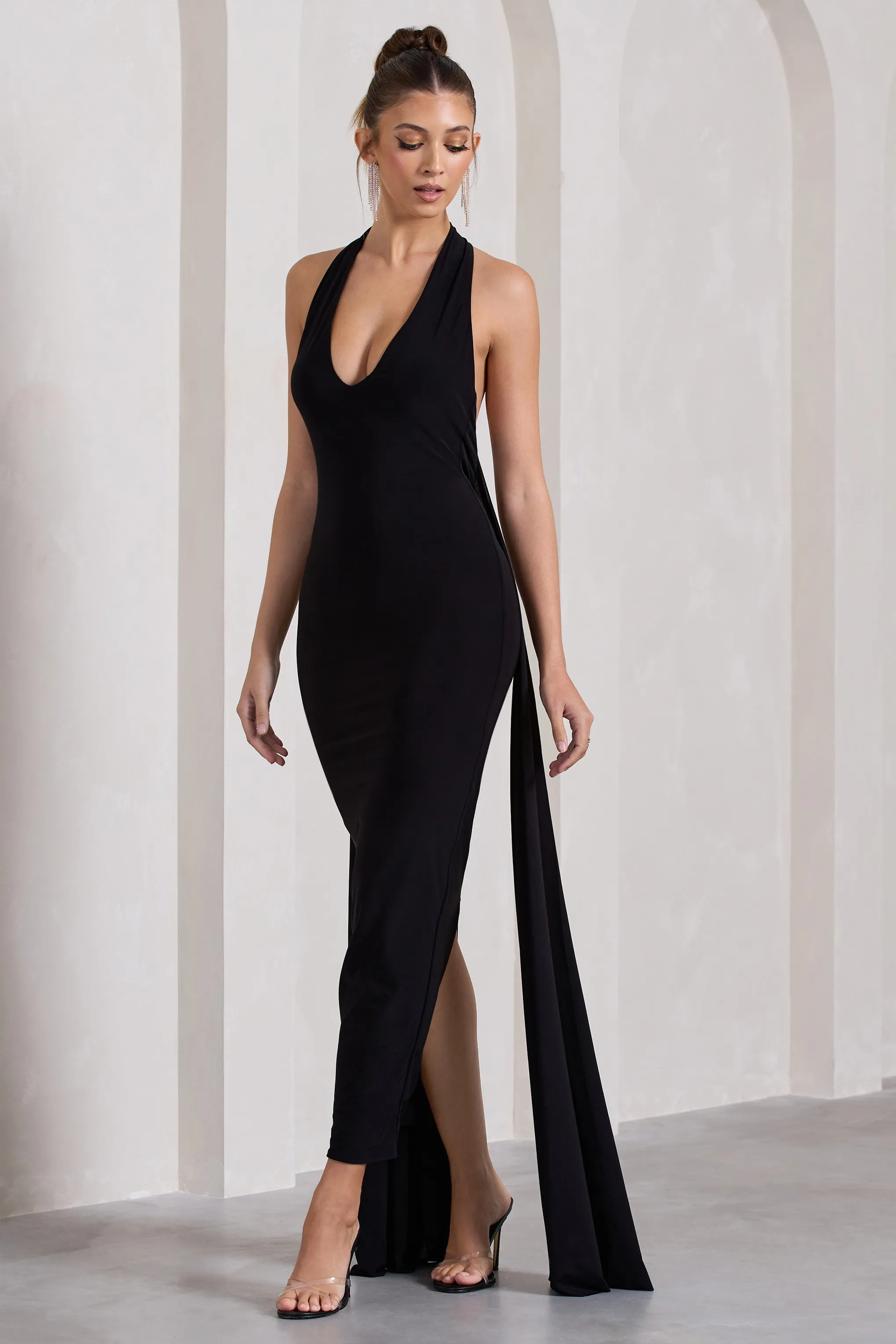 Veronica | Black Plunge Sleeveless Open-Back Maxi Dress With Drape Detail