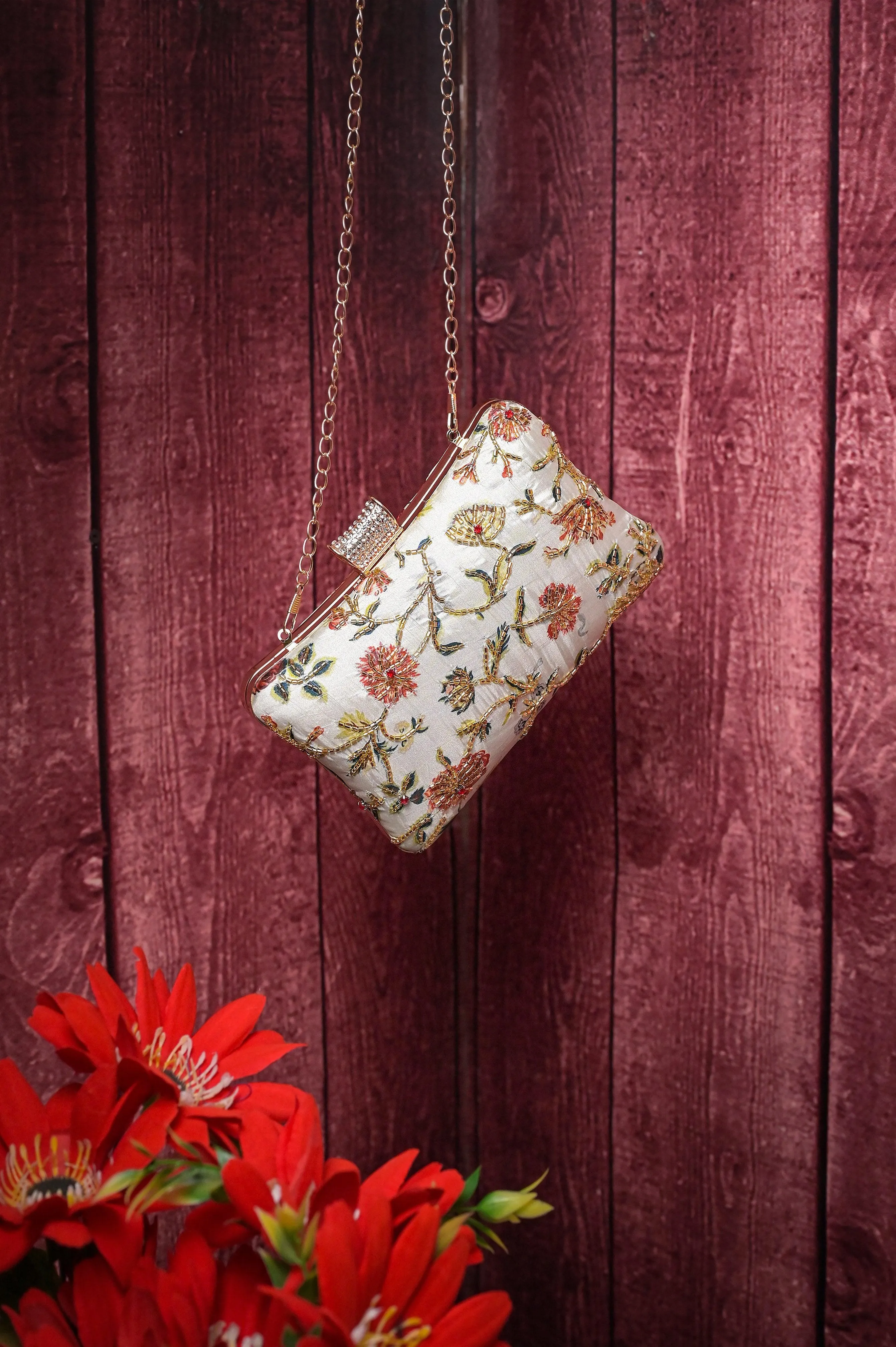 White Color Designer Clutch Bag with Zari Embroidery